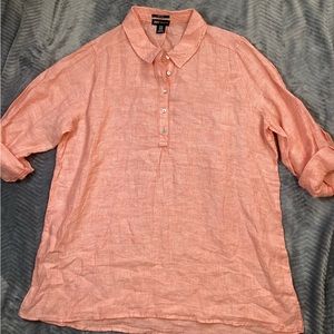 JNY Jones New York 100% Linen Popover Tunic Shirt Roll Sleeve Coral Peach